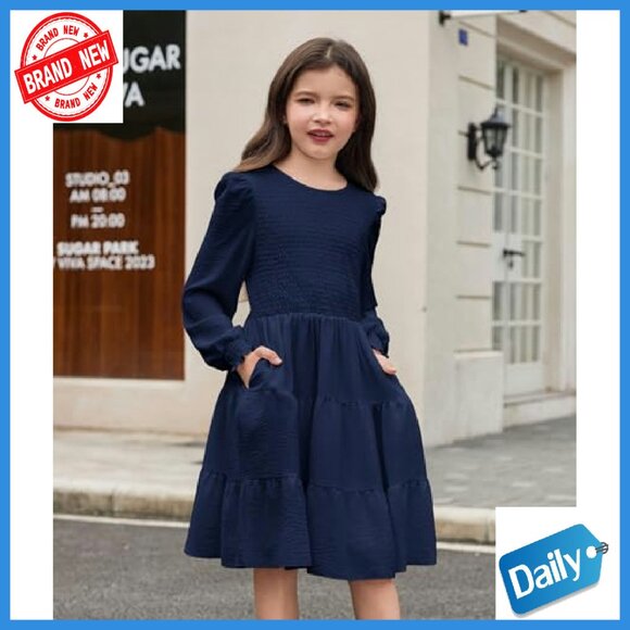 Girls Long Sleeve Boho Party Dress with Pockets Tiered Smocked - Picture 6 of 8